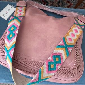 Blush Pink Shoulder Bag with Colorful Woven Strap by JEN & CO.